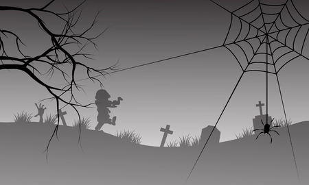 Halloween silhouette of spider and scary zombie with gray backgroundsのイラスト素材