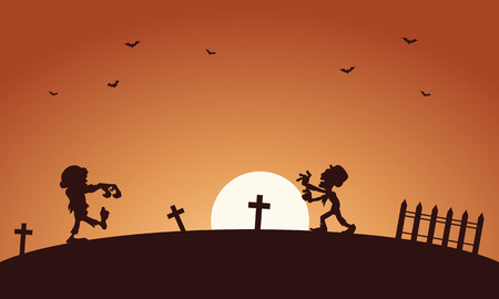 Halloween scary zombie in tomb silhouette illustrationのイラスト素材