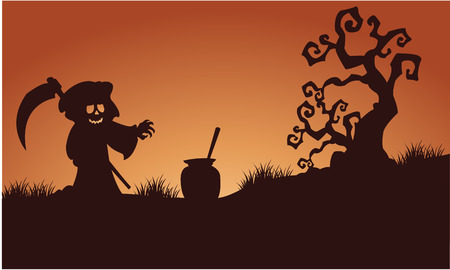 Silhouette of warlock halloween in fields illustrationのイラスト素材