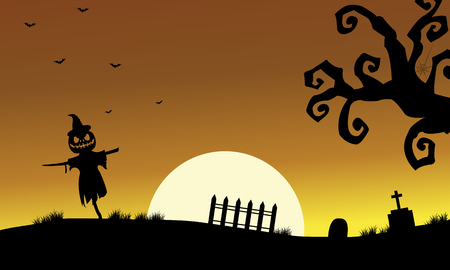 Halloweenn scarecrow silhouette in the tomb sceneryのイラスト素材