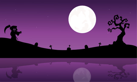 Silhouette of warlock in riverbank Halloween purple backgroundsのイラスト素材