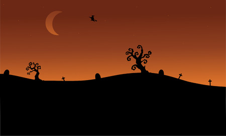 Halloween witch flying in tomb silhouette scnery illustrationのイラスト素材
