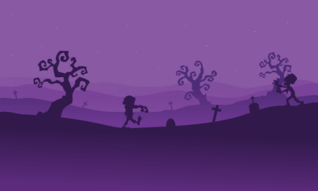 Silhouette of zombie walking in tomb with purple backgroundsのイラスト素材