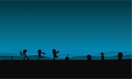 Silhouette of zombie and tomb Halloween with blue backgroundsのイラスト素材