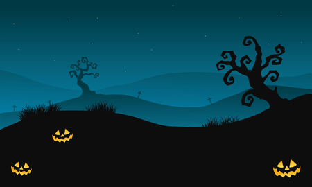 Silhouette of Halloween scary in hills with dry tree vectorのイラスト素材