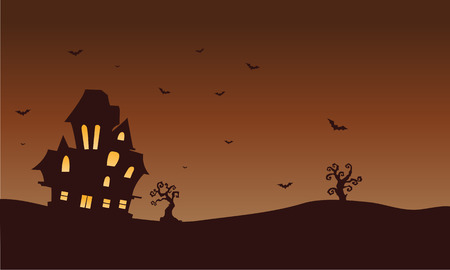 Silhouette of castle and bat Halloween illustrationのイラスト素材