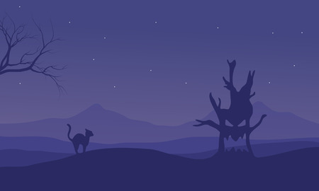 Halloween monster tree and cat silhouette illustrationのイラスト素材