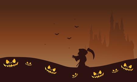 Halloween brown backgrounds warlock and castle silhouette illustrationのイラスト素材