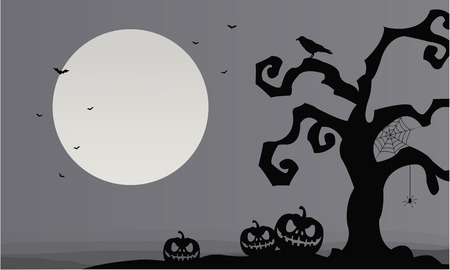 Gray backgrounds Halloween pumpkins and dry tree illustrationのイラスト素材