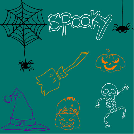 Element Halloween cute doodle vector art on green backgroundsのイラスト素材