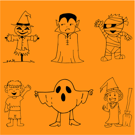 Character Halloween doodle vector art on orange backgroundsのイラスト素材