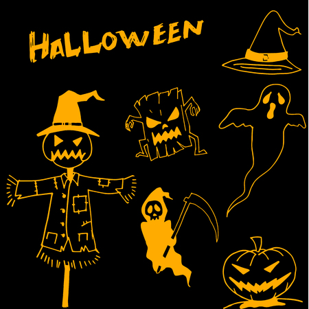Character Halloween scarecrow pumpkins warlock in dooodleのイラスト素材