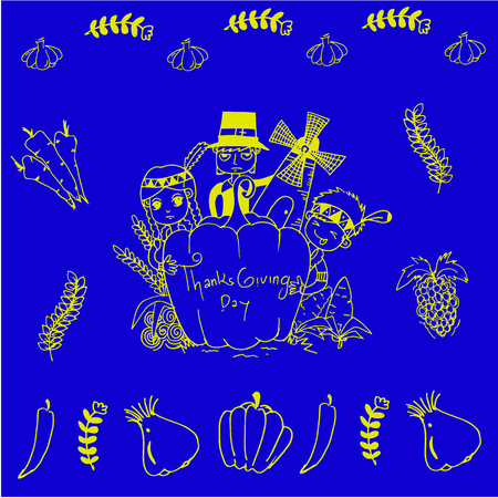 On blue backgrounds thanksgiving doodle art illustrationのイラスト素材