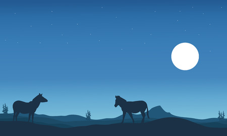 Two zebra silhouettes in hills landscape vector illustrationのイラスト素材