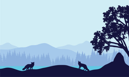 Landscape fox in fields silhouettes vector illustrationのイラスト素材