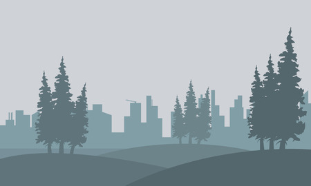 Silhouette of spruce and city in fog landscape illustrationのイラスト素材