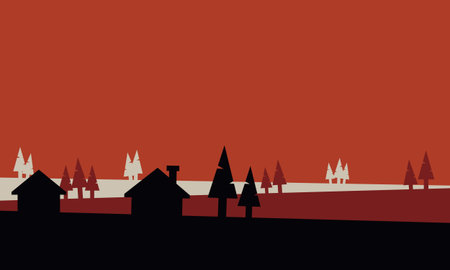 Silhouette of small house and spruce in the hillsのイラスト素材