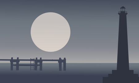 Silhouette of lighthouse on seaside vector illustrationのイラスト素材