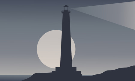 Silhouette of lighthouse and moon scenery illustrationのイラスト素材