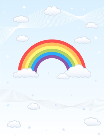 Colorful rainbow against a light blue sky, surrounded by fluffy clouds. Created in Adobe Illustrator with assets separated on separate layersのイラスト素材