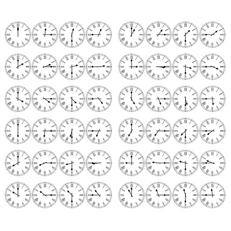 Roman numeral clocks showing every 15 minutes past the hourのイラスト素材