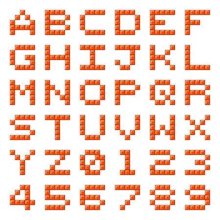 Alphabet letters and numbers made out of red pixel blocksのイラスト素材