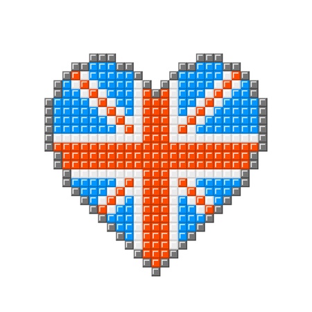 Love heart with British Union Jack pattern, made out of pixel blocksのイラスト素材