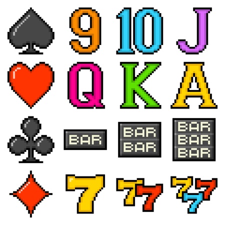 Popular slot machine symbols depicted in 8-bit pixel art formのイラスト素材