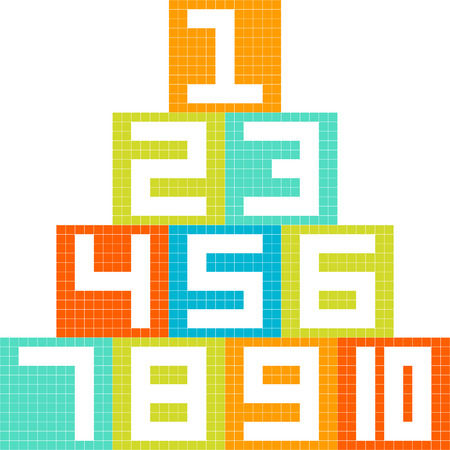 8-bit pixel-art number 1-10 blocks arranged in a pyramid. Created in Adobe Illustrator. Each pixel is left as a square vector for easy modification and creating new numbersのイラスト素材