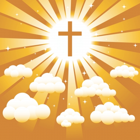 A Christian cross against a golden sky with clouds and startsのイラスト素材
