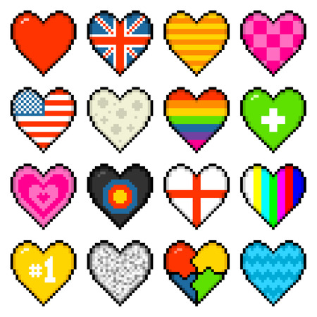 16 hearts of various designs in an 8-bit pixel art styleのイラスト素材