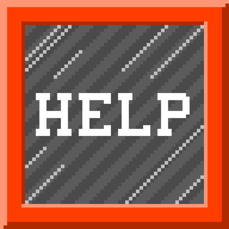 Help message written inside a in case of emergency, break glass box, in a 8-bit pixel-art styleのイラスト素材