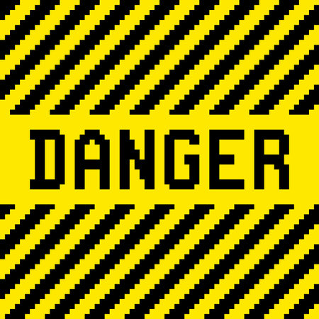 Danger sign with black and yellow diagonal warning stripes, in a pixel-art style. Layered EPS8...
