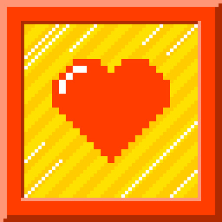 Red pixel heart surrounded by a red border against a stripy background. The heart is formed out of individual squares and is left for easy editing.のイラスト素材