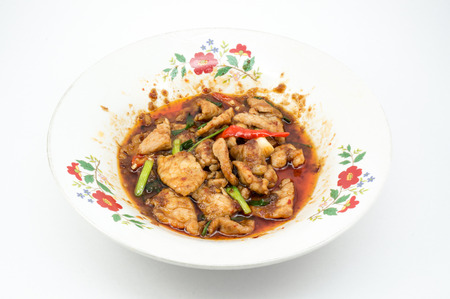 pork fried with chilies , Thai food, white background, isolatedの写真素材
