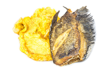 fried beaten egg with Fried Trichogaster pectoralis isolatedの写真素材