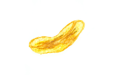Fried thinly sliced banana chip flavoured BBQ isolated on white backgroundの写真素材