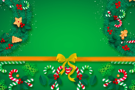 Christmas background green card with yellow ribbonの写真素材