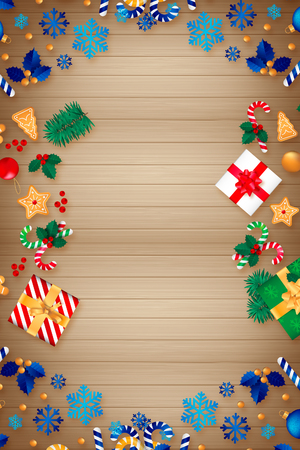 Christmas card with wood texture with ball ornamentsの写真素材