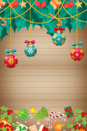 Christmas card with wood texture with ball ornamentsの写真素材
