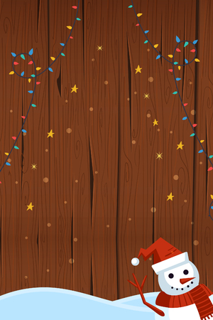 Christmas card with a background of wood texture and snowmanの写真素材