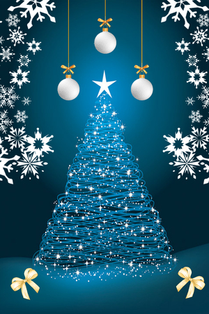fancy christmas card with a blue background with a christmas treeの写真素材