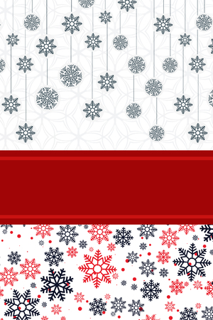Christmas card with a snow background with a red ribbonの写真素材