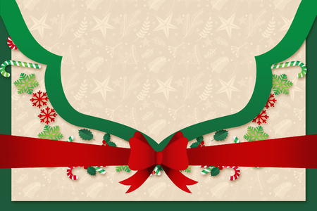 green christmas card with red ribbonの写真素材