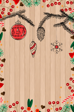 Christmas card with a background of wood texture and ornamentsの写真素材
