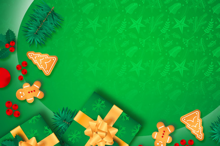 Christmas card with a green background and ornamentsの写真素材