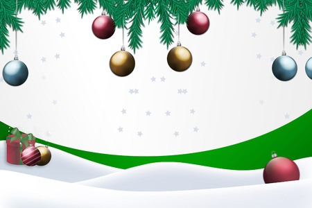 Christmas card green background with several ornamentsの写真素材