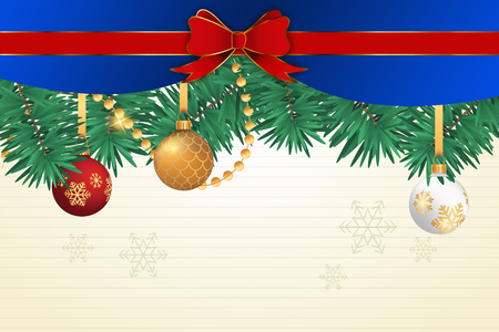 Christmas card with a background of snow and gold ornamentsの写真素材