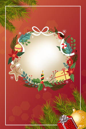 Christmas card with a red background and ornamentsの写真素材
