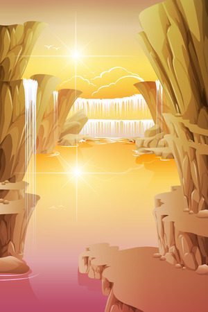 Waterfall rocks in the clear skyのイラスト素材